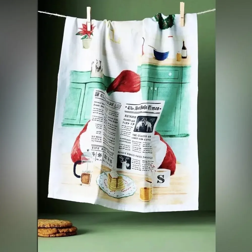 NEW ANTHROPOLOGIE Breakfast With Santa $38 Kitchen Tea Towel Christmas Holiday